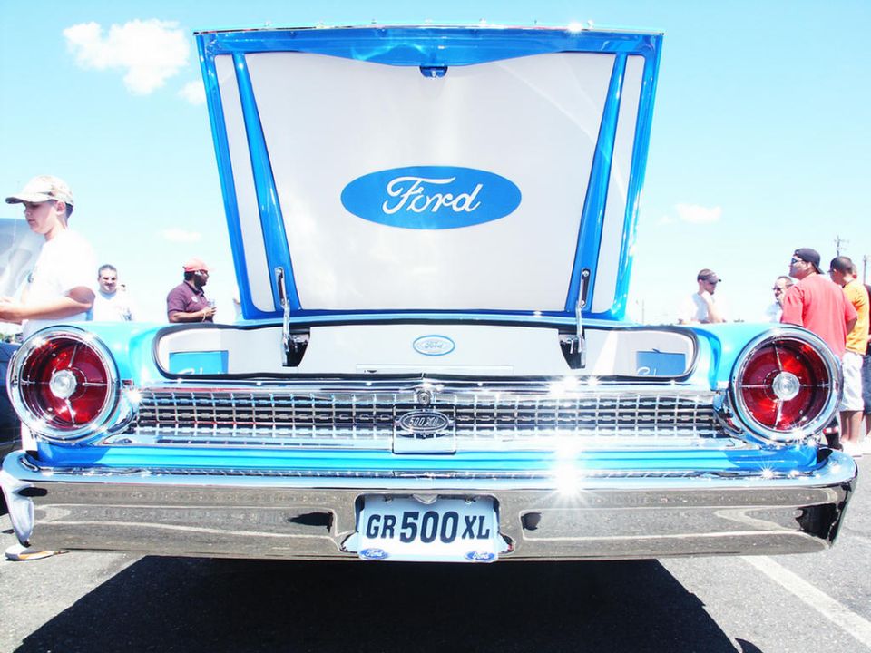 1960 Ford Fairlane 500 rear view with hood open, showing Ford logo