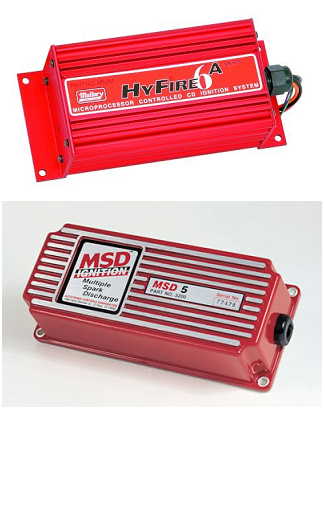1979 Ford Bronco - Two red electronic ignition control boxes are shown, one with "HyFire 6" and the other with "MSD 5" labels.