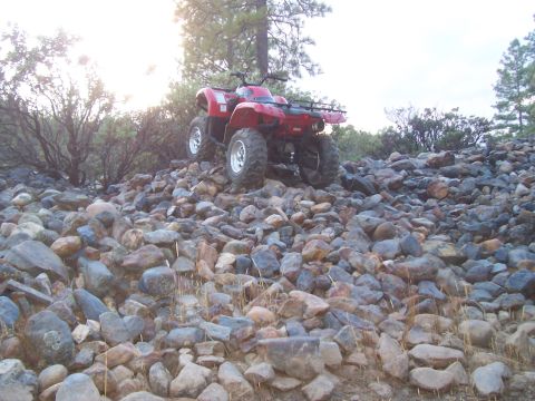 1994 Ford F-150 - An ATV is positioned on a steep, rocky incline, surrounded by sparse vegetation and trees.