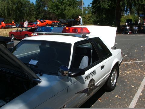 1987 Ford Mustang - A white Ford Mustang police car is shown at an outdoor event, with its hood and trunk open, alongside other cars.