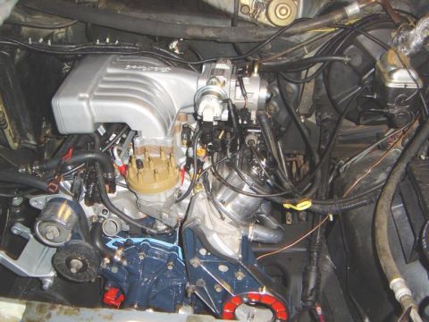 1986 Ford Bronco - Close-up view of a modified V8 engine in an engine bay, showing custom intake and engine block colors.