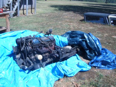 1988 Ford Bronco - An engine is laid out on blue tarps in a grassy yard, with truck caps visible in the distance.