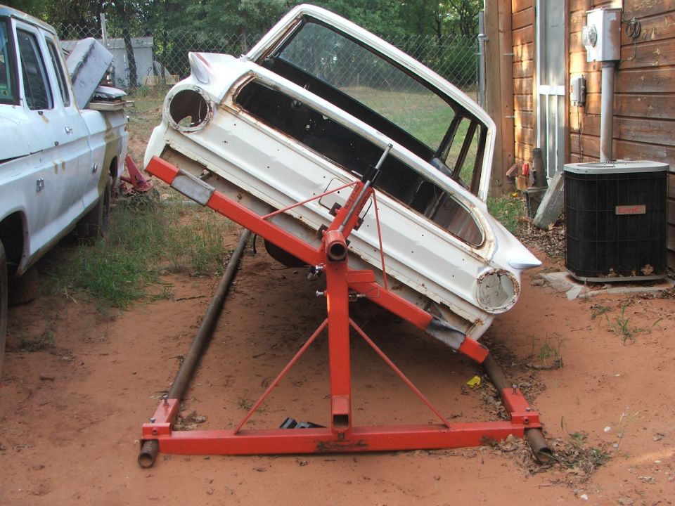 1963 Ford Fairlane body on engine stand, rear view