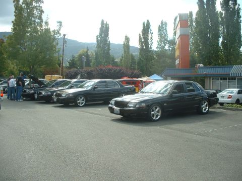 2000 Ford Crown Victoria - A line of black Ford Crown Victorias are parked in a lot, with one in the foreground showing off its custom wheels.