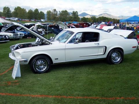 1972 Ford Ranchero - A white 1967-1968 Ford Mustang is displayed with its hood open at an outdoor car show.