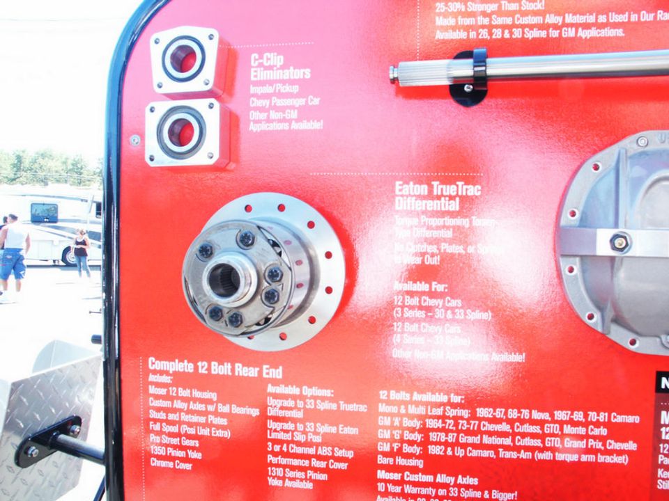 Red display board with automotive differential parts, including a differential and axle shaft