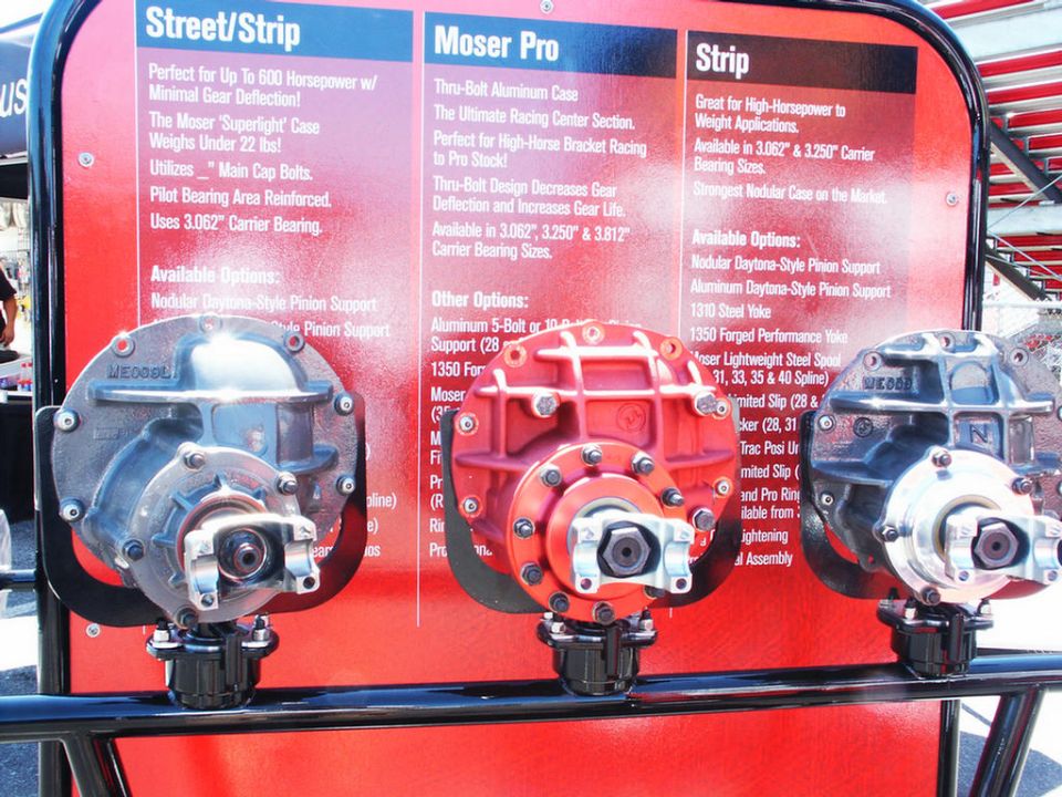 Three Moser rear axle differentials displayed on a red board with product information