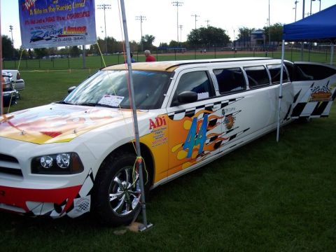 1972 Ford Ranchero - This custom limousine features racing-themed decals and an extended body.