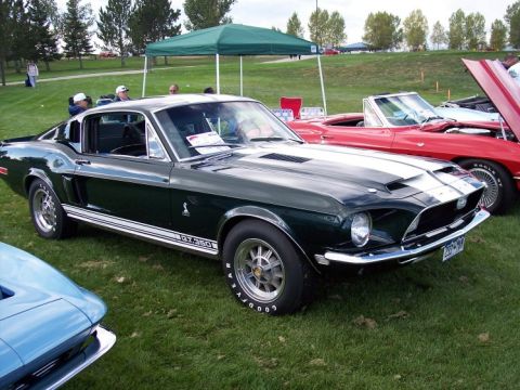 1972 Ford Ranchero - A dark green 1968 Ford Mustang Shelby GT350 is displayed at an outdoor car show next to a red convertible.