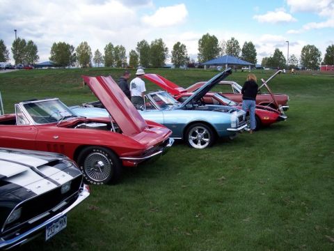 1972 Ford Ranchero - Several classic cars with hoods open are displayed on a grassy field under a cloudy sky.
