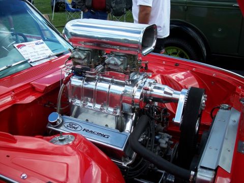 1972 Ford Ranchero - Customized Ford Racing V8 engine with a prominent chrome supercharger and dual carburetors.