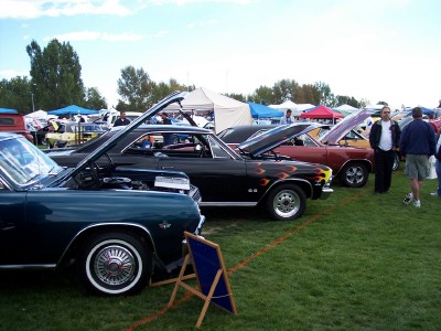 1972 Ford Ranchero - A gathering of vintage automobiles displayed on a grassy field under a partly cloudy sky.