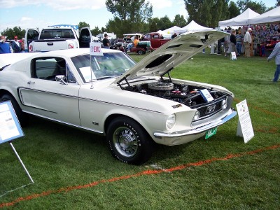 1972 Ford Ranchero - A white 1967 Ford Mustang is displayed with its hood open at a car show.