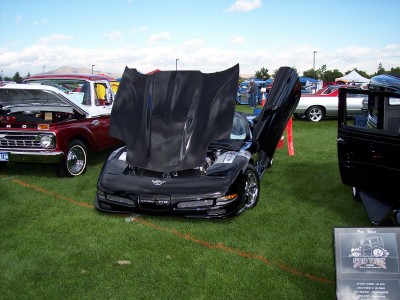 1972 Ford Ranchero - Black Chevrolet Corvette with hood and butterfly doors open at an outdoor car show.