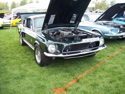 1972 Ford Ranchero - A green 1967 Ford Mustang Fastback is displayed with its hood open at an outdoor car show.