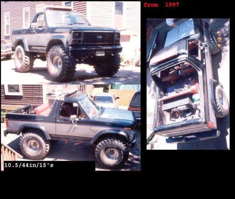 1979 Ford Bronco - This modified Ford Bronco features oversized tires and a lifted suspension, with multiple views showing its exterior and interior details.