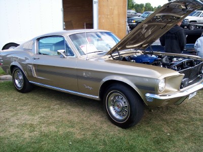 1972 Ford Ranchero - A gold 1967 Ford Mustang coupe is displayed with its hood open at an outdoor event.