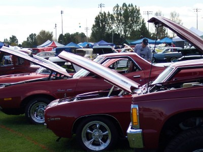 1972 Ford Ranchero - Several red vehicles with hoods open are parked on a grassy field under a cloudy sky.