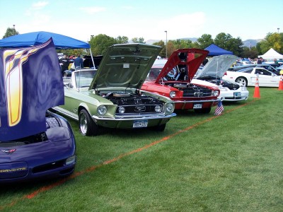 1972 Ford Ranchero - Several classic cars, including a green 1967 Ford Mustang convertible, are displayed with their hoods open at a car show.