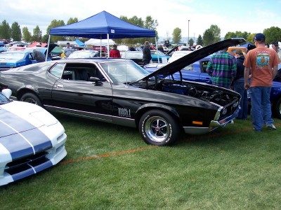 1972 Ford Ranchero - A black 1971 Ford Mustang Mach 1 is displayed with its hood open at an outdoor car show.