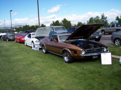 1972 Ford Ranchero - A line of cars are parked on a grassy field under a partly cloudy sky.