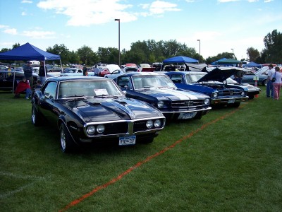 1972 Ford Ranchero - A line of classic cars are displayed on a grassy field under a partly cloudy sky.