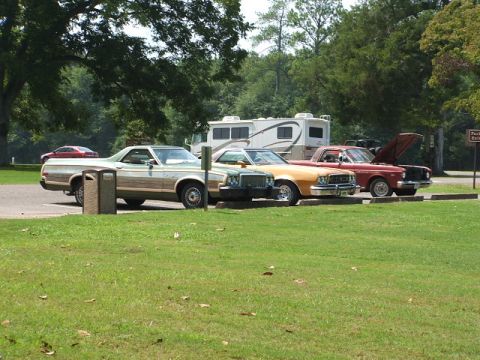 1966 Ford Ranchero - A light green pickup truck with wood paneling is parked alongside other vehicles and an RV in a grassy lot.