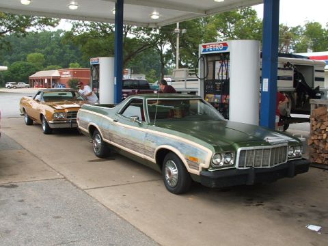 1966 Ford Ranchero - Two Ford Rancheros are at a Petro gas station, one with a distinctive mural on its side.