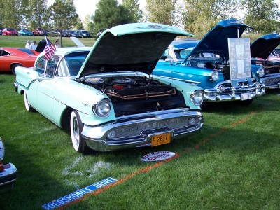 1972 Ford Ranchero - A row of classic cars are displayed on a grassy field, with their hoods open for viewing.