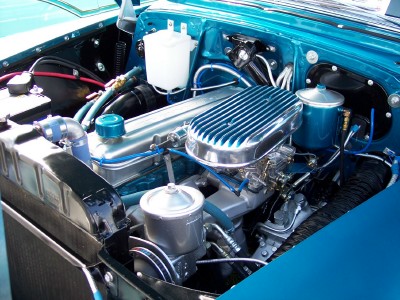 1972 Ford Ranchero - Close-up view of a clean engine bay with a prominent chrome air filter assembly.