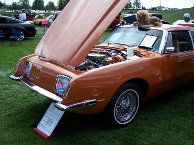 1972 Ford Ranchero - AMC Gremlin X at a car show, hood open to reveal the engine. A stuffed dog sits on the roof.