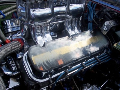 1972 Ford Ranchero - A highly customized V8 engine is shown with extensive chrome detailing and a clear valve cover.