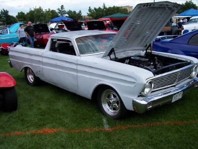 1972 Ford Ranchero - A light gray 1964 Ford Falcon Ranchero is displayed with its hood open at an outdoor car show.