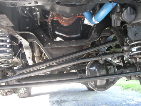 1994 Ford Bronco - This image shows the underside of a vehicle, highlighting the complex arrangement of its drivetrain and suspension systems.