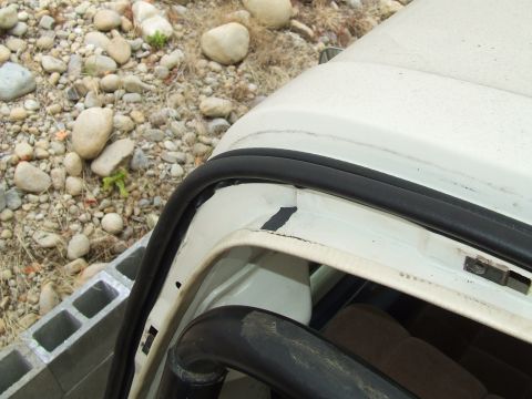 1979 Ford Bronco - Close-up view of the roof seal and edge of a white vehicle, showing some wear and tear.