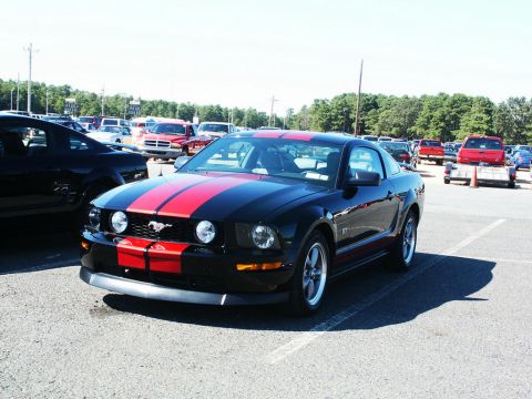 2001 Mercury Grand Marquis - Black Ford Mustang GT with red racing stripes in a parking lot with other vehicles.