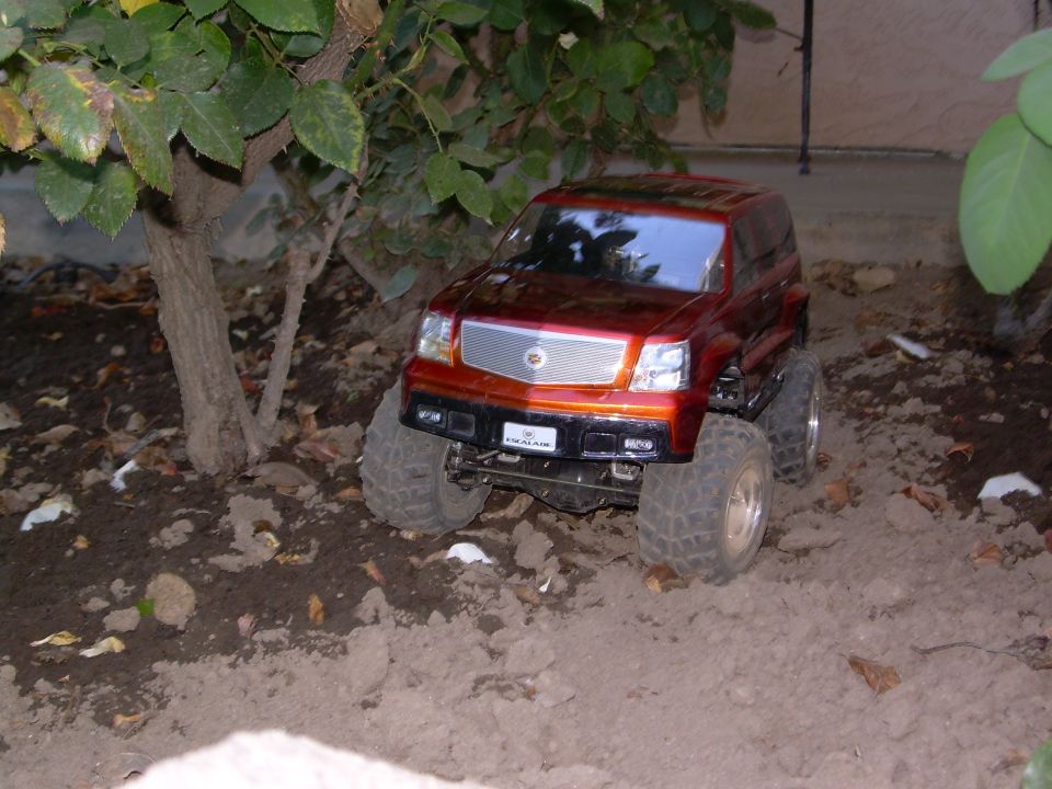 Red Escalade-body RC crawler with chrome grille parked on dirt under a leafy bush at night