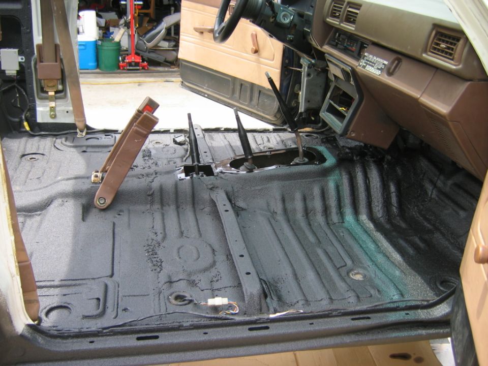 Interior of 1985 Toyota 4Runner with floor stripped and coated