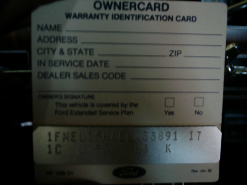 Ford Owner Card with fields for name, address, and service date, and a VIN