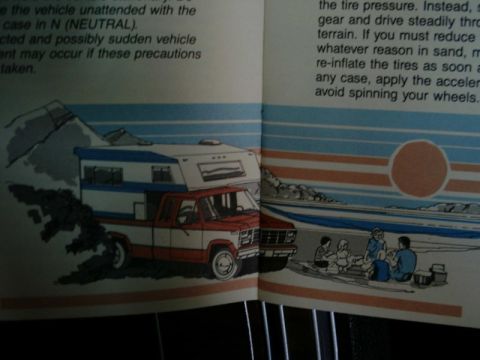 1984 Ford Bronco - Diagram shows a pickup truck with a camper shell parked on a beach with people sitting nearby.