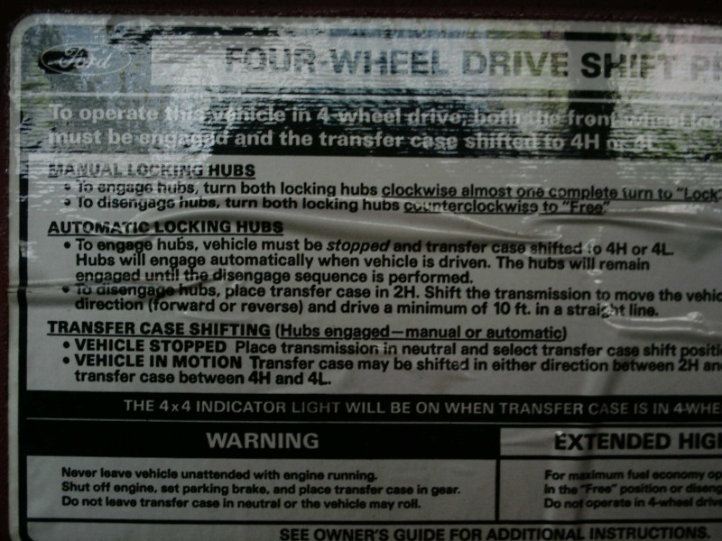 Ford four-wheel drive shift decal with manual and automatic locking hub and transfer case steps