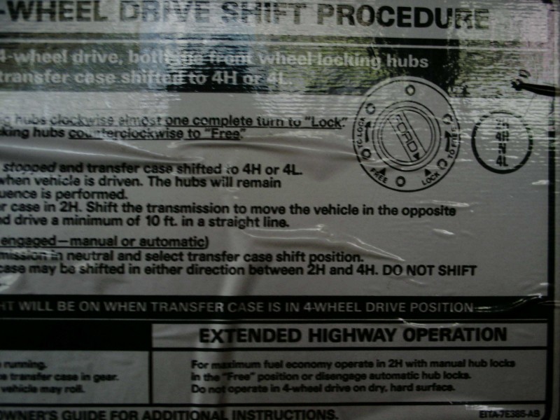 4-wheel drive shift procedure and extended highway operation decal with locking hub diagram