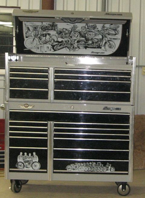 1986 Ford Ranger - This Snap-on tool chest features various motorcycle illustrations on its drawers and lid.