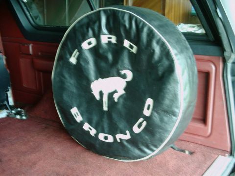 1984 Ford Bronco - A spare tire cover with the Ford logo and a Bronco horse emblem is shown inside a vehicle's cargo area.