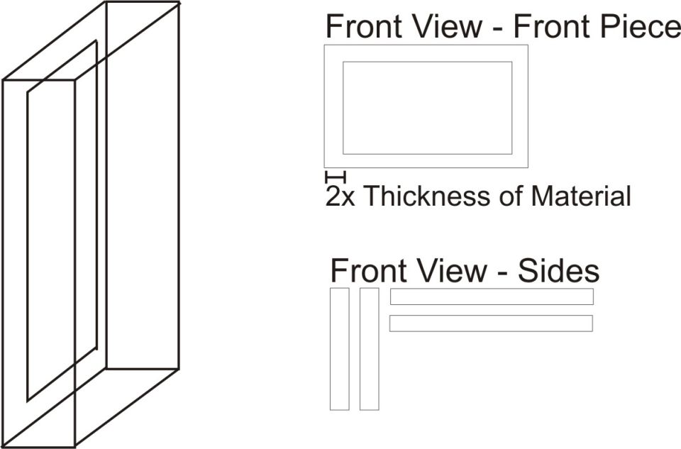 Simple build drawing with isometric box and labeled Front View front piece and sides