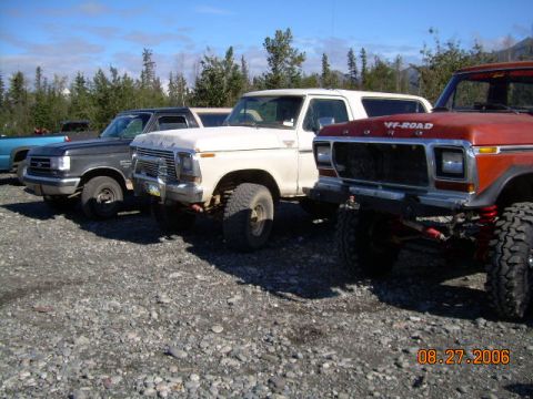 1978 Ford Bronco - Several Ford trucks and SUVs are parked on a gravel lot with trees in the background.