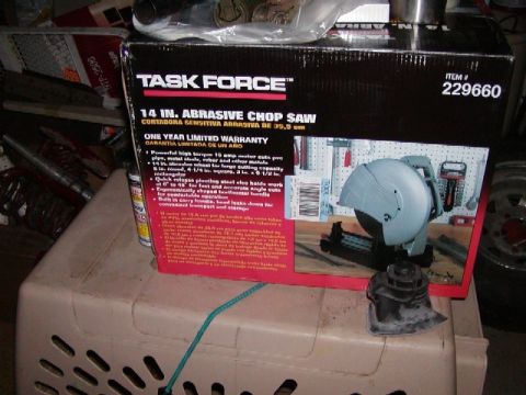 1978 Ford Bronco - Box for a Task Force 14 inch abrasive chop saw shows product details and a diagram of the tool.