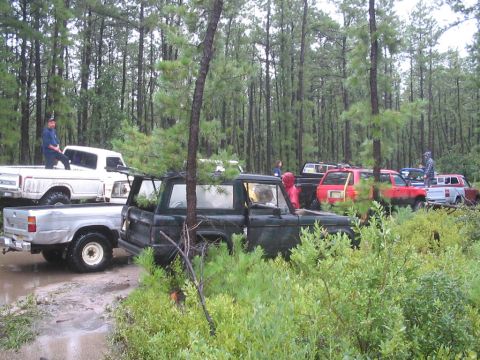 1990 Ford Bronco - Several off-road vehicles are gathered in a forest clearing, with one Bronco in the foreground.