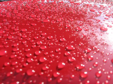 1974 Ford F-100 - Water droplets on a red car's hood, with a "SUPERMOTORS" watermark visible.