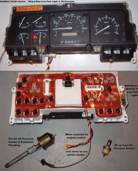 1983 Ford Bronco - SOLD '94-96 Cluster w/Low Fuel Light & Oil Pressure Jumper Swapping this cluster into a '94-96 gasoline F-series or Bronco will instantly g…